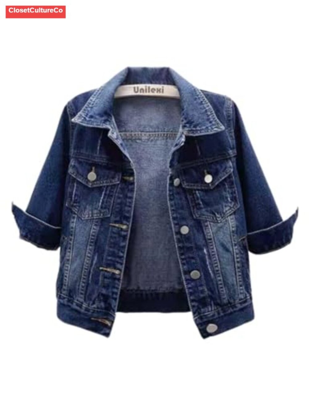 Cropped Denim Jacket 3/4 Sleeve Button Down Trucker Jean Coat